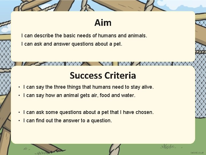 Aim I can describe the basic needs of humans and animals. I can ask