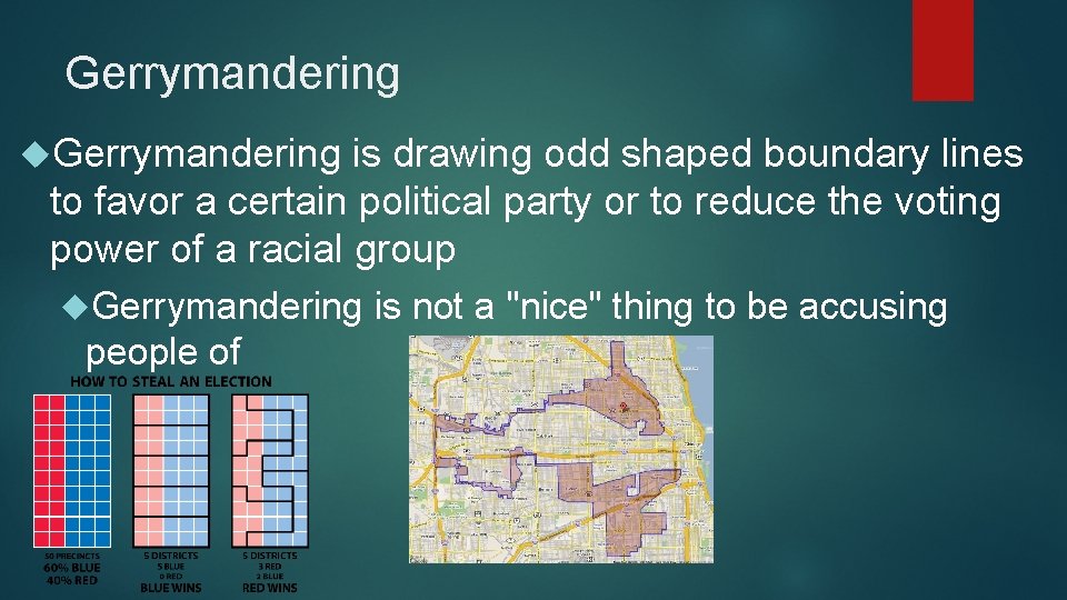 Gerrymandering is drawing odd shaped boundary lines to favor a certain political party or