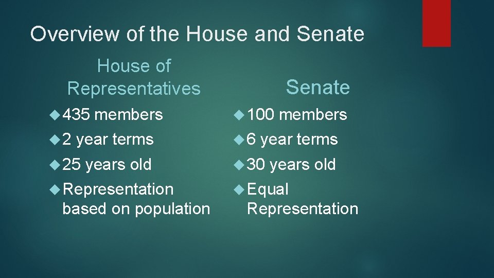 Overview of the House and Senate House of Representatives 435 2 members year terms