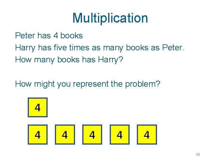 Multiplication Peter has 4 books Harry has five times as many books as Peter.