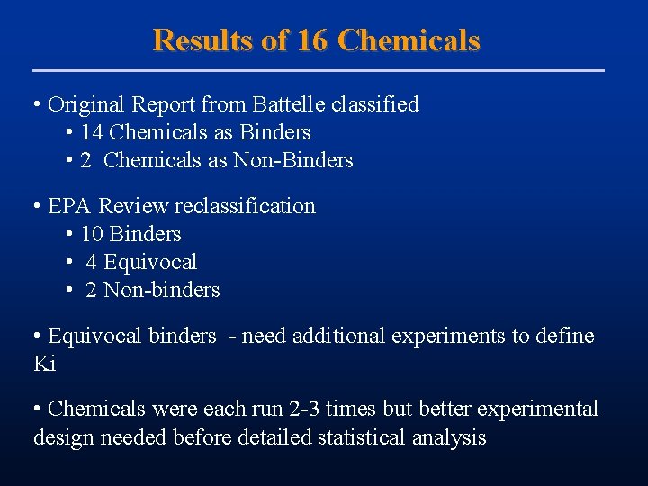 Results of 16 Chemicals • Original Report from Battelle classified • 14 Chemicals as