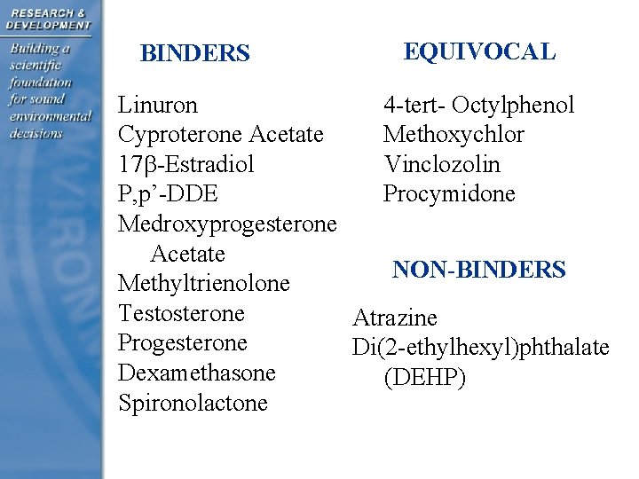 BINDERS EQUIVOCAL 4 -tert- Octylphenol Linuron Methoxychlor Cyproterone Acetate Vinclozolin 17 b-Estradiol Procymidone P,