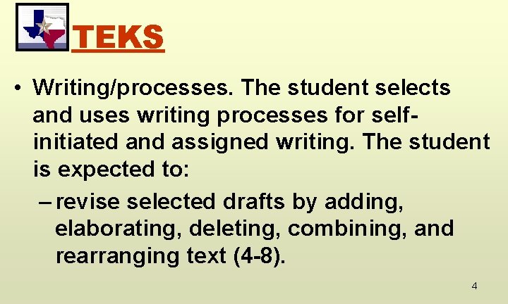 TEKS • Writing/processes. The student selects and uses writing processes for selfinitiated and assigned