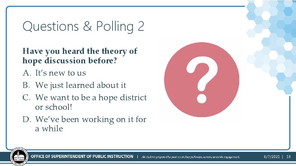Questions & Polling 2 Have you heard theory of hope discussion before? A. It’s