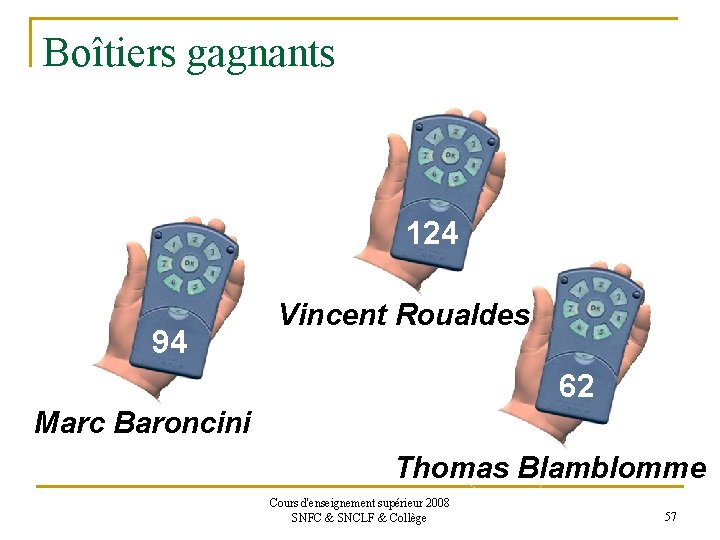 Boîtiers gagnants 124 94 Vincent Roualdes 62 Marc Baroncini Thomas Blamblomme Cours d'enseignement supérieur