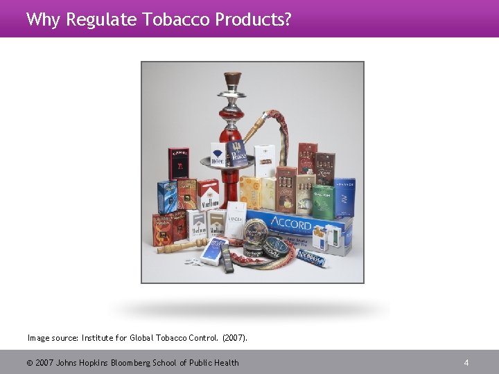 Why Regulate Tobacco Products? Image source: Institute for Global Tobacco Control. (2007). 2007 Johns