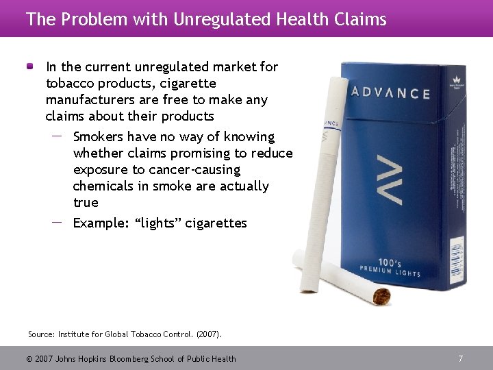 The Problem with Unregulated Health Claims In the current unregulated market for tobacco products,