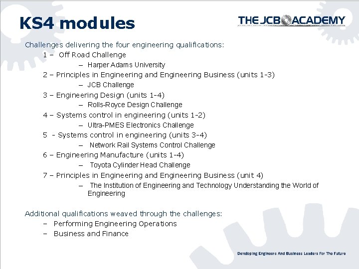 KS 4 modules Challenges delivering the four engineering qualifications: 1 – Off Road Challenge