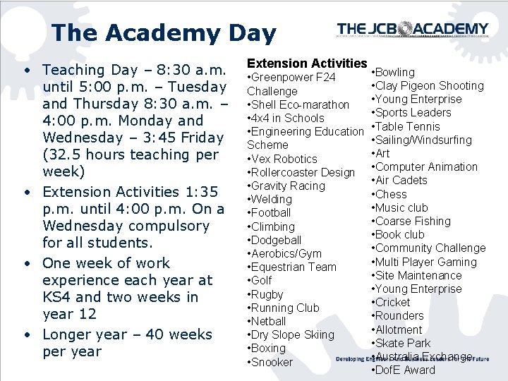 The Academy Day • Teaching Day – 8: 30 a. m. until 5: 00