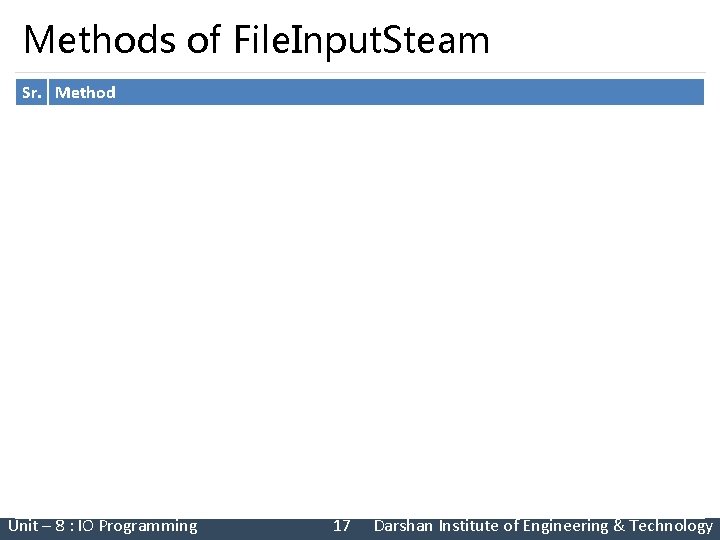 Methods of File. Input. Steam Sr. Method 1 public int read() the next byte