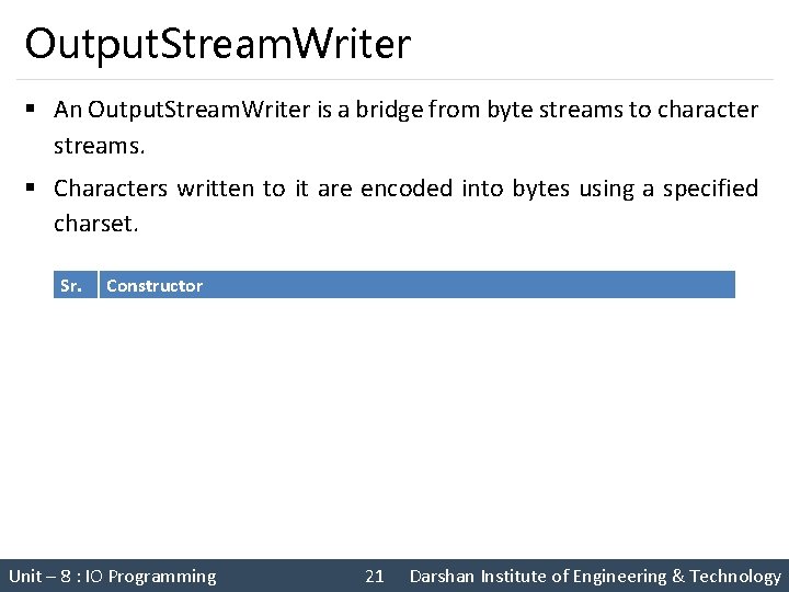 Output. Stream. Writer § An Output. Stream. Writer is a bridge from byte streams