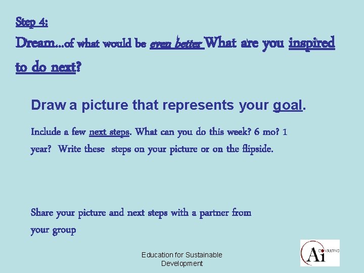 Step 4: Dream…of what would be even better What are you inspired to do
