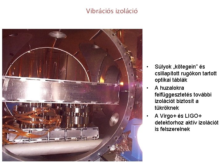 Vibrációs izoláció • • • Súlyok „kötegein” és csillapított rugókon tartott optikai táblák A