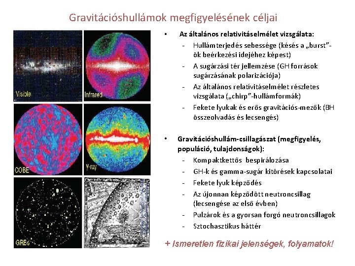 Gravitációshullámok megfigyelésének céljai • Az általános relativitáselmélet vizsgálata: - Hullámterjedés sebessége (késés a „burst”ök