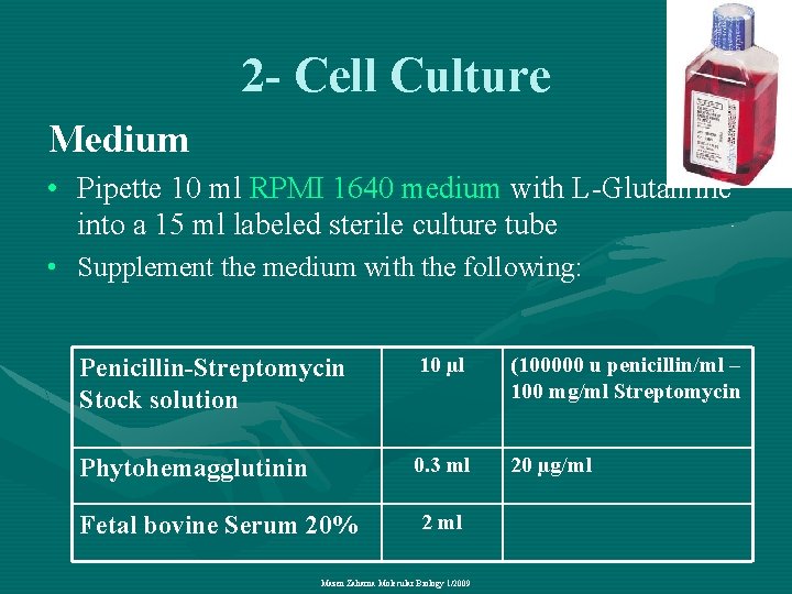 2 - Cell Culture Medium • Pipette 10 ml RPMI 1640 medium with L-Glutamine