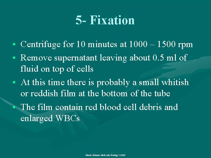 5 - Fixation • Centrifuge for 10 minutes at 1000 – 1500 rpm •