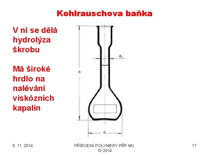 Kohlrauschova baňka V ní se dělá hydrolýza škrobu Má široké hrdlo na nalévání viskózních