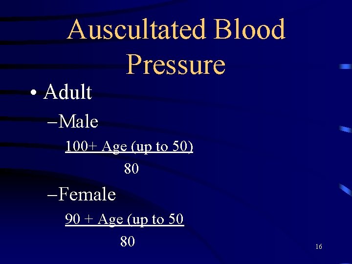 Auscultated Blood Pressure • Adult – Male 100+ Age (up to 50) 80 –