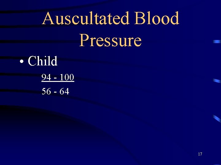 Auscultated Blood Pressure • Child 94 - 100 56 - 64 17 