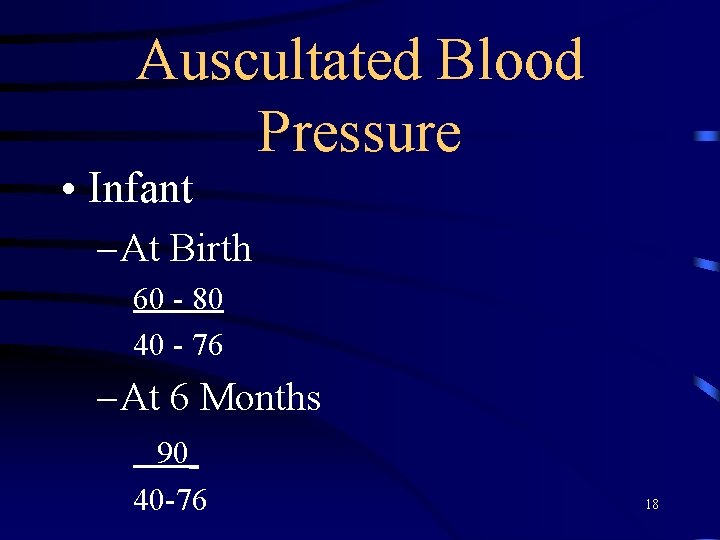Auscultated Blood Pressure • Infant – At Birth 60 - 80 40 - 76