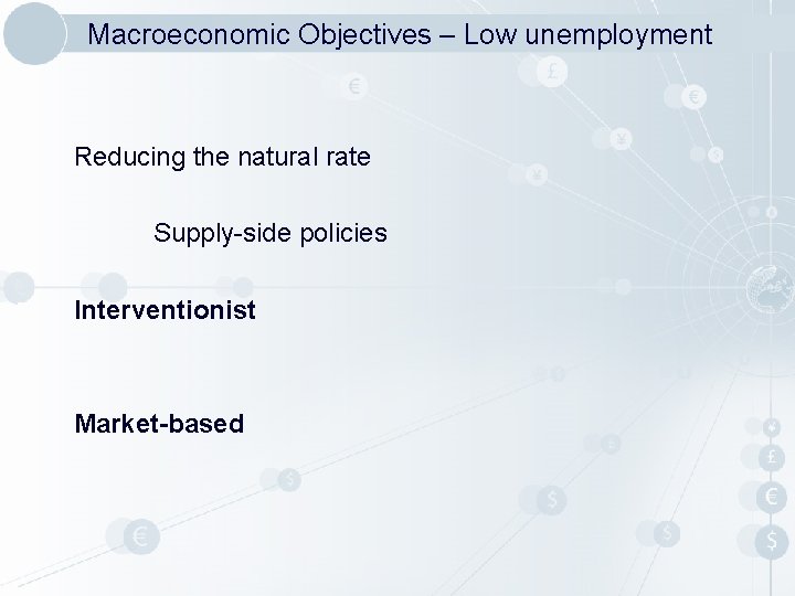 Macroeconomic Objectives – Low unemployment Reducing the natural rate Supply-side policies Interventionist Market-based 