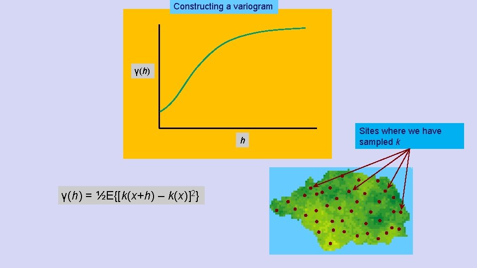 Constructing a variogram γ(h) h γ(h) = ½E{[k(x+h) – k(x)]2} Sites where we have