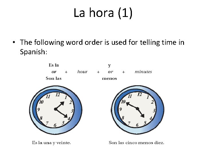 La hora (1) • The following word order is used for telling time in