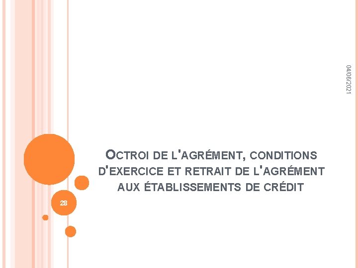 04/06/2021 OCTROI DE L'AGRÉMENT, CONDITIONS D'EXERCICE ET RETRAIT DE L'AGRÉMENT AUX ÉTABLISSEMENTS DE CRÉDIT