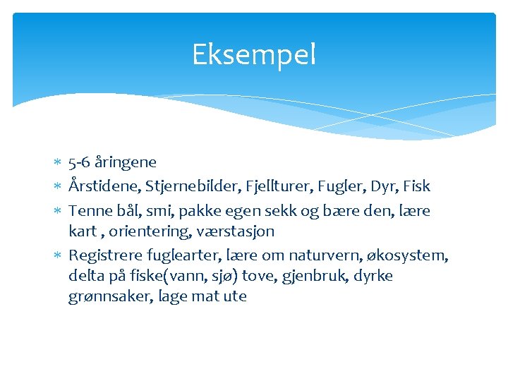 Eksempel 5 -6 åringene Årstidene, Stjernebilder, Fjellturer, Fugler, Dyr, Fisk Tenne bål, smi, pakke