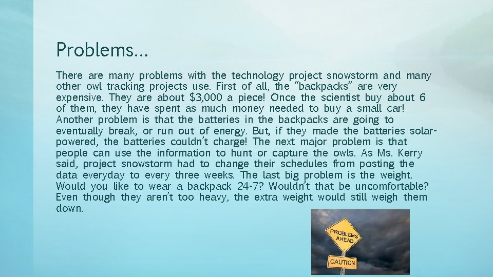 Problems… There are many problems with the technology project snowstorm and many other owl