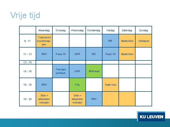 Vrije tijd Maandag 9 - 11 Toekomen/ boodschappen 11 - 13 IRW Dinsdag Woensdag