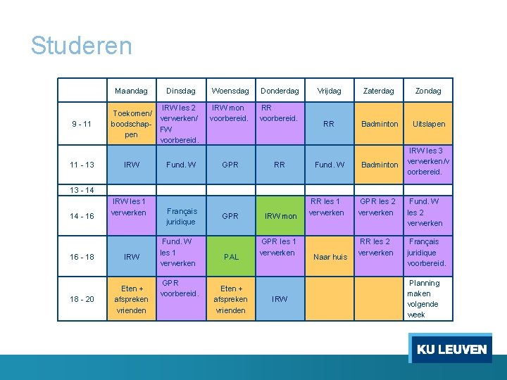 Studeren 9 - 11 11 - 13 Maandag Dinsdag Woensdag Donderdag Toekomen/ boodschappen IRW