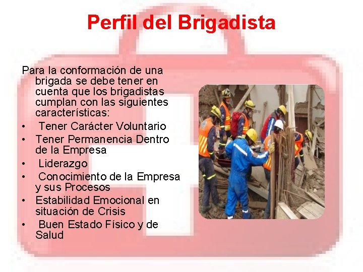 Perfil del Brigadista Para la conformación de una brigada se debe tener en cuenta