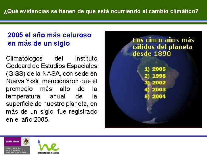 ¿Qué evidencias se tienen de que está ocurriendo el cambio climático? 2005 el año