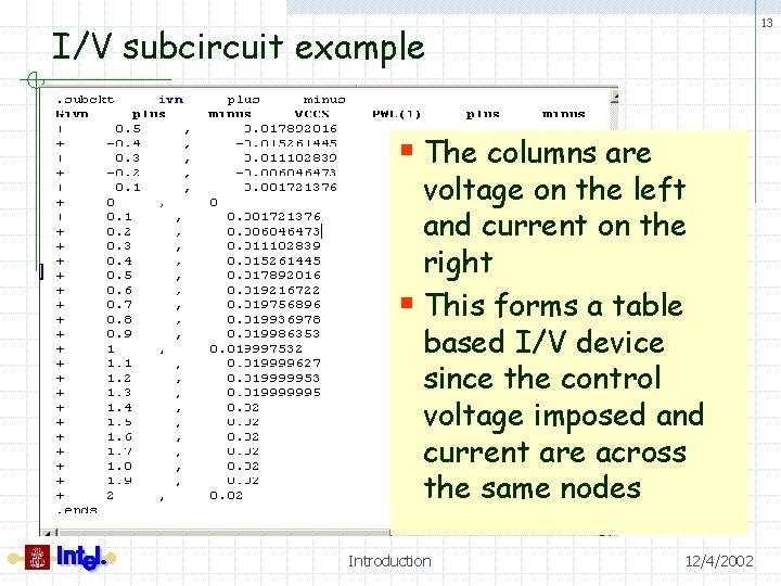 13 I/V subcircuit example § The columns are voltage on the left and current