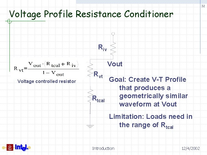 32 Voltage Profile Resistance Conditioner Riv Vout Voltage controlled resistor Rvt Rtcal Goal: Create