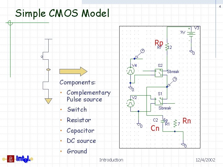 4 Simple CMOS Model Rp Components: • Complementary Pulse source • Switch • Resistor