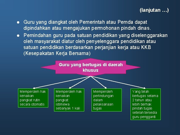 (lanjutan …) l l Guru yang diangkat oleh Pemerintah atau Pemda dapat dipindahkan atau