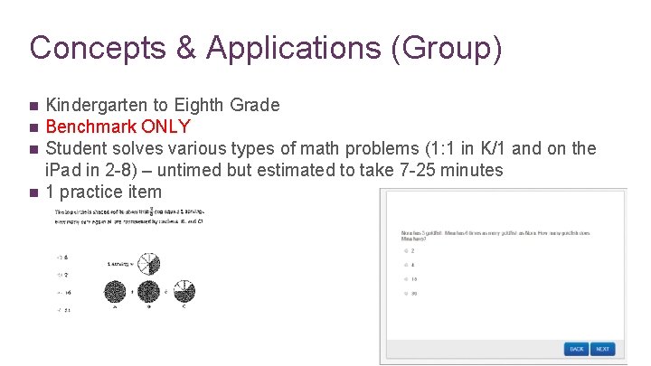 Concepts & Applications (Group) n n Kindergarten to Eighth Grade Benchmark ONLY Student solves