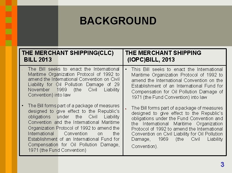 BACKGROUND THE MERCHANT SHIPPING(CLC) BILL 2013 • • The Bill seeks to enact the