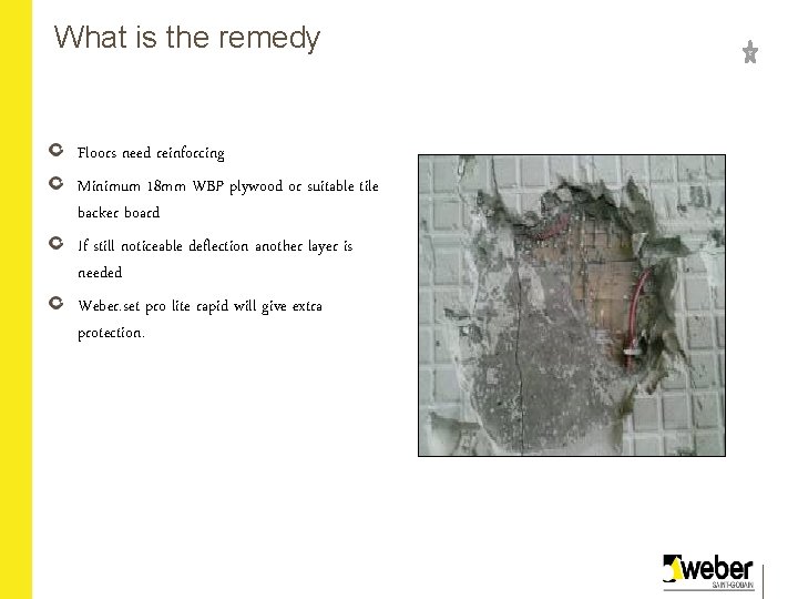 What is the remedy Floors need reinforcing Minimum 18 mm WBP plywood or suitable