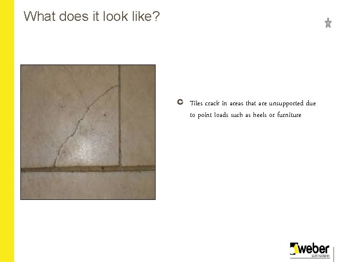 What does it look like? Tiles crack in areas that are unsupported due to