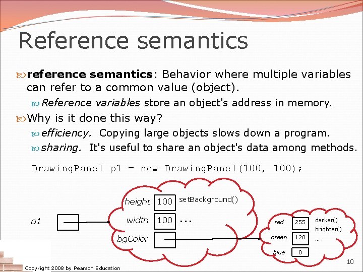 Reference semantics reference semantics: Behavior where multiple variables can refer to a common value