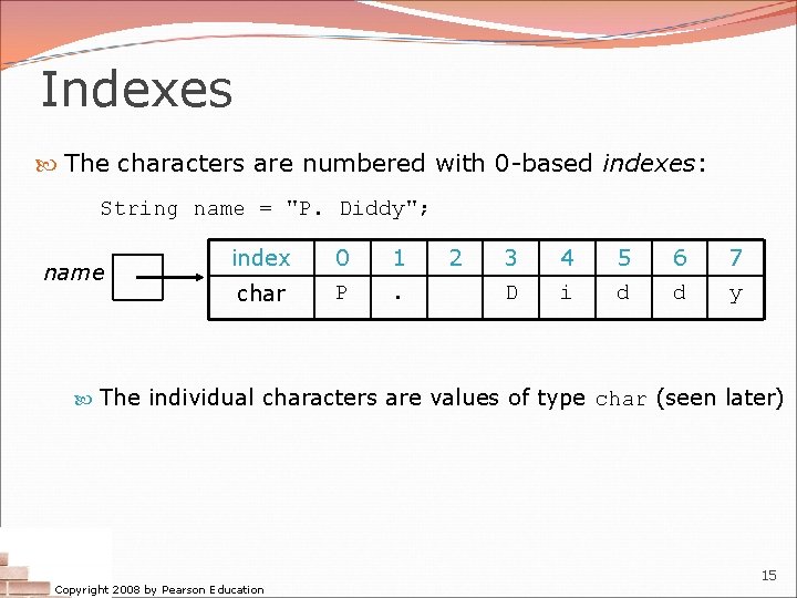 Indexes The characters are numbered with 0 -based indexes: String name = "P. Diddy";