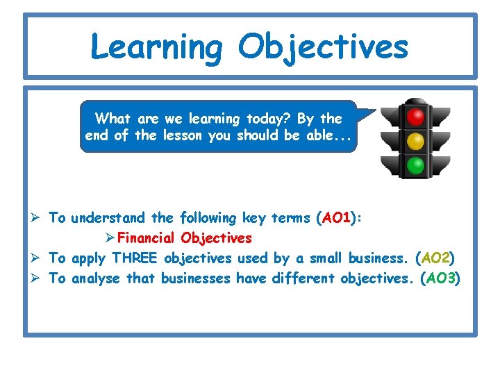 Learning Objectives What are we learning today? By the end of the lesson you