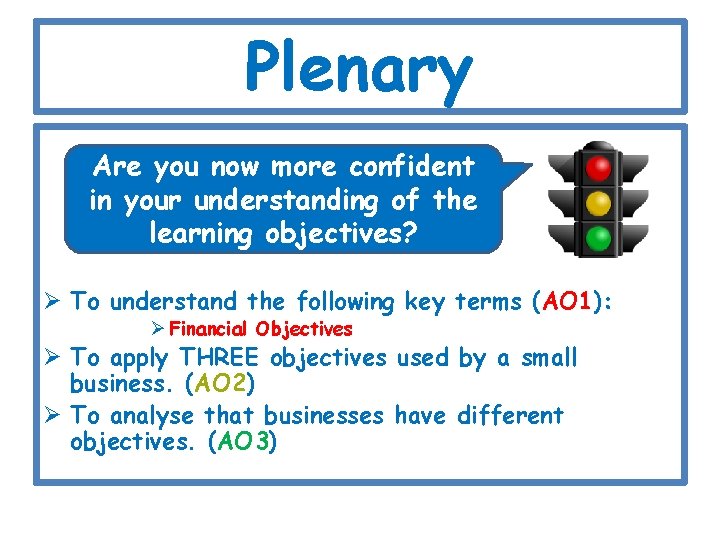 Plenary Are you now more confident in your understanding of the learning objectives? Ø