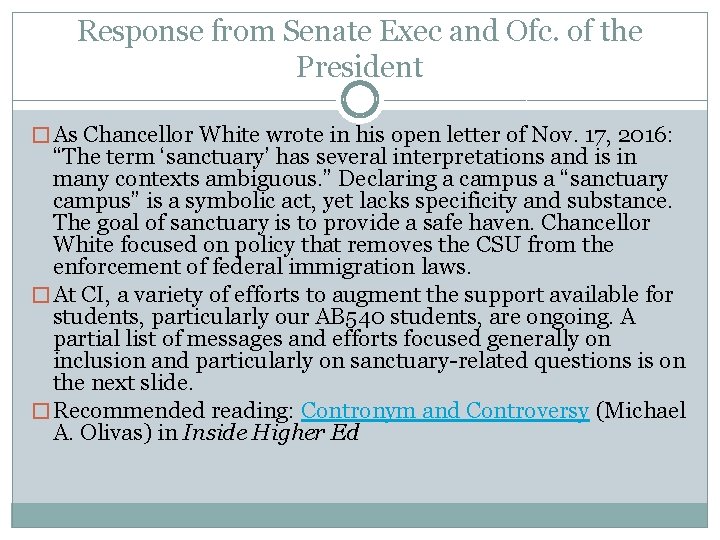 Response from Senate Exec and Ofc. of the President � As Chancellor White wrote