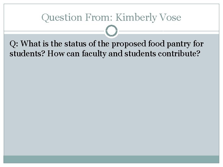 Question From: Kimberly Vose Q: What is the status of the proposed food pantry