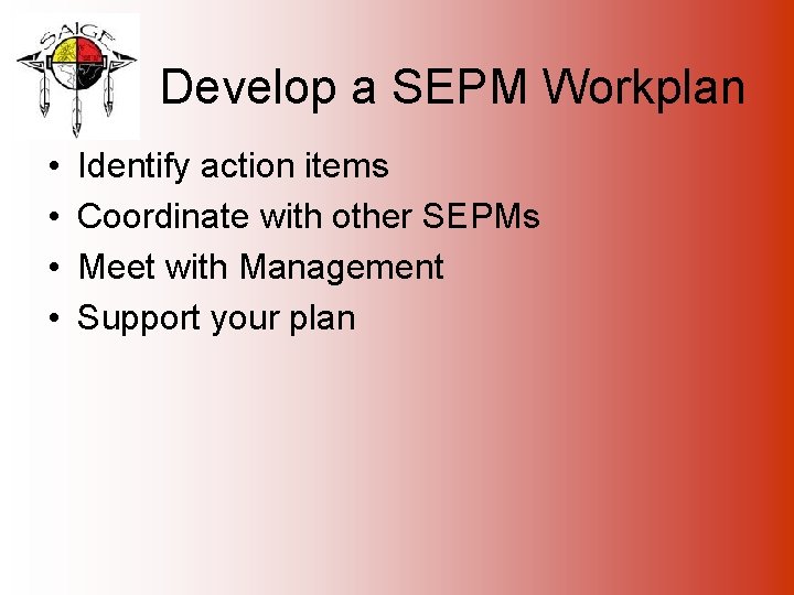 Develop a SEPM Workplan • • Identify action items Coordinate with other SEPMs Meet