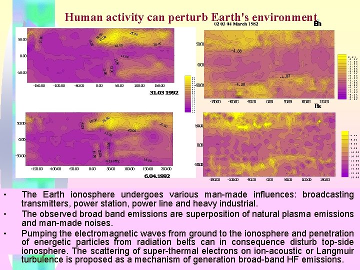 Human activity can perturb Earth's environment. • • • The Earth ionosphere undergoes various